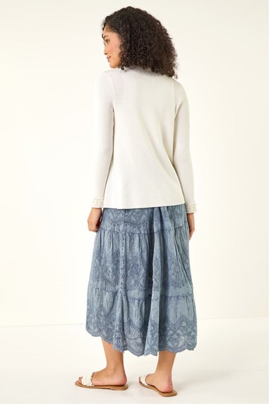 Roman Ivory Crochet Trim Knit Cardigan