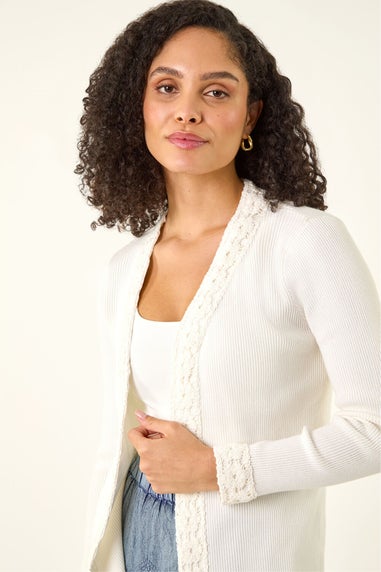 Roman Ivory Crochet Trim Knit Cardigan
