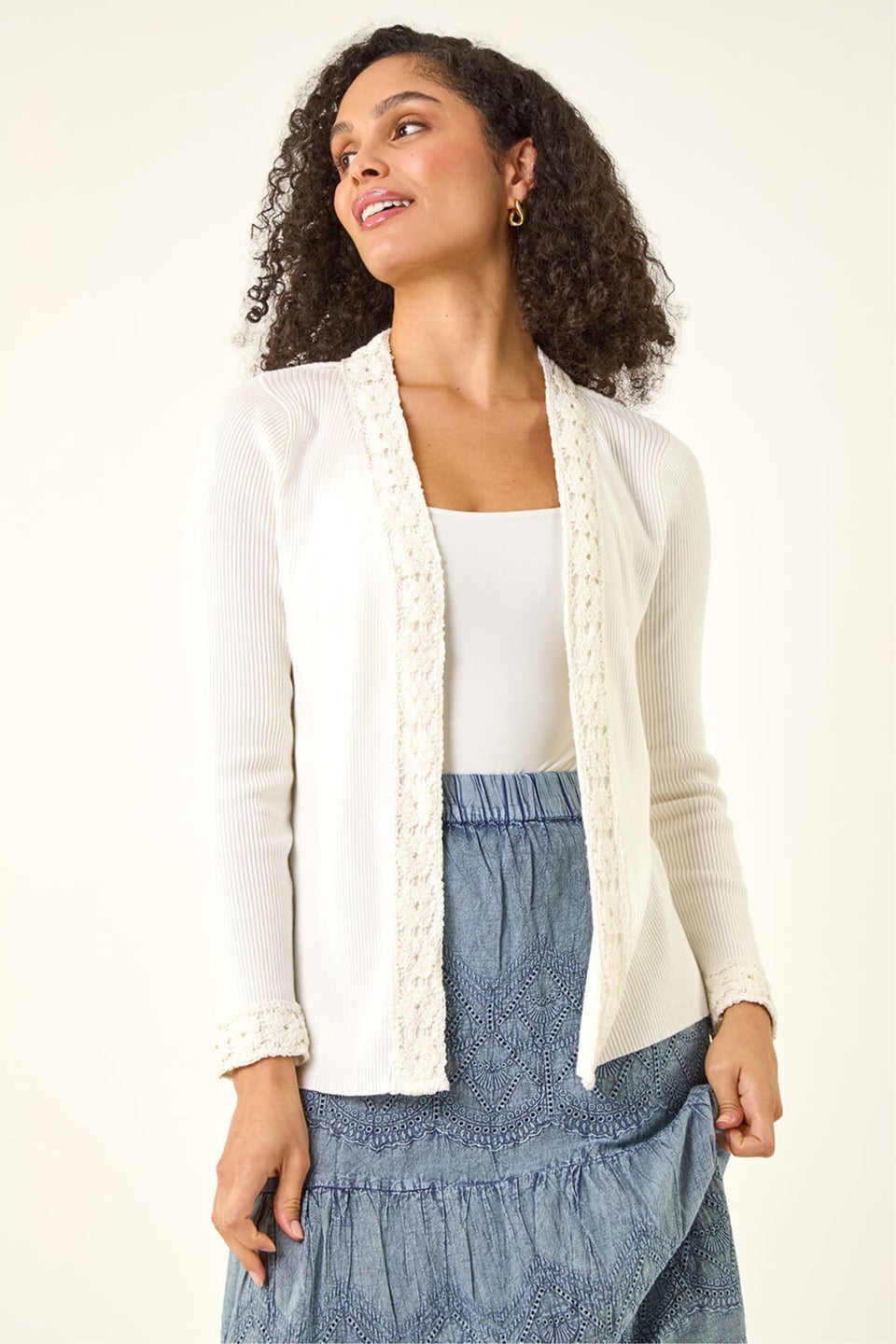 Roman Ivory Crochet Trim Knit Cardigan