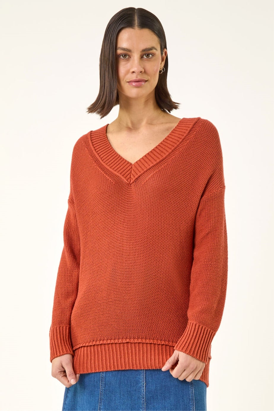 Roman Rust Ribbed V-Neck Boyfriend Jumper