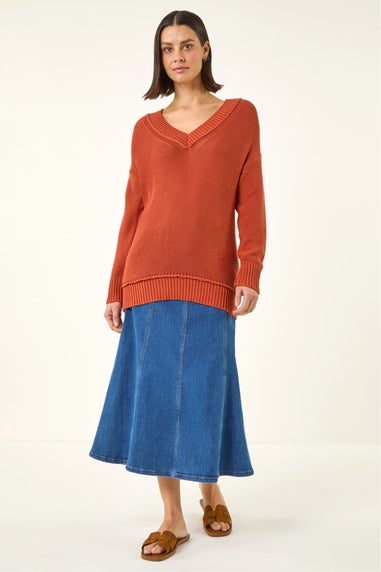 Roman Rust Ribbed V-Neck Boyfriend Jumper