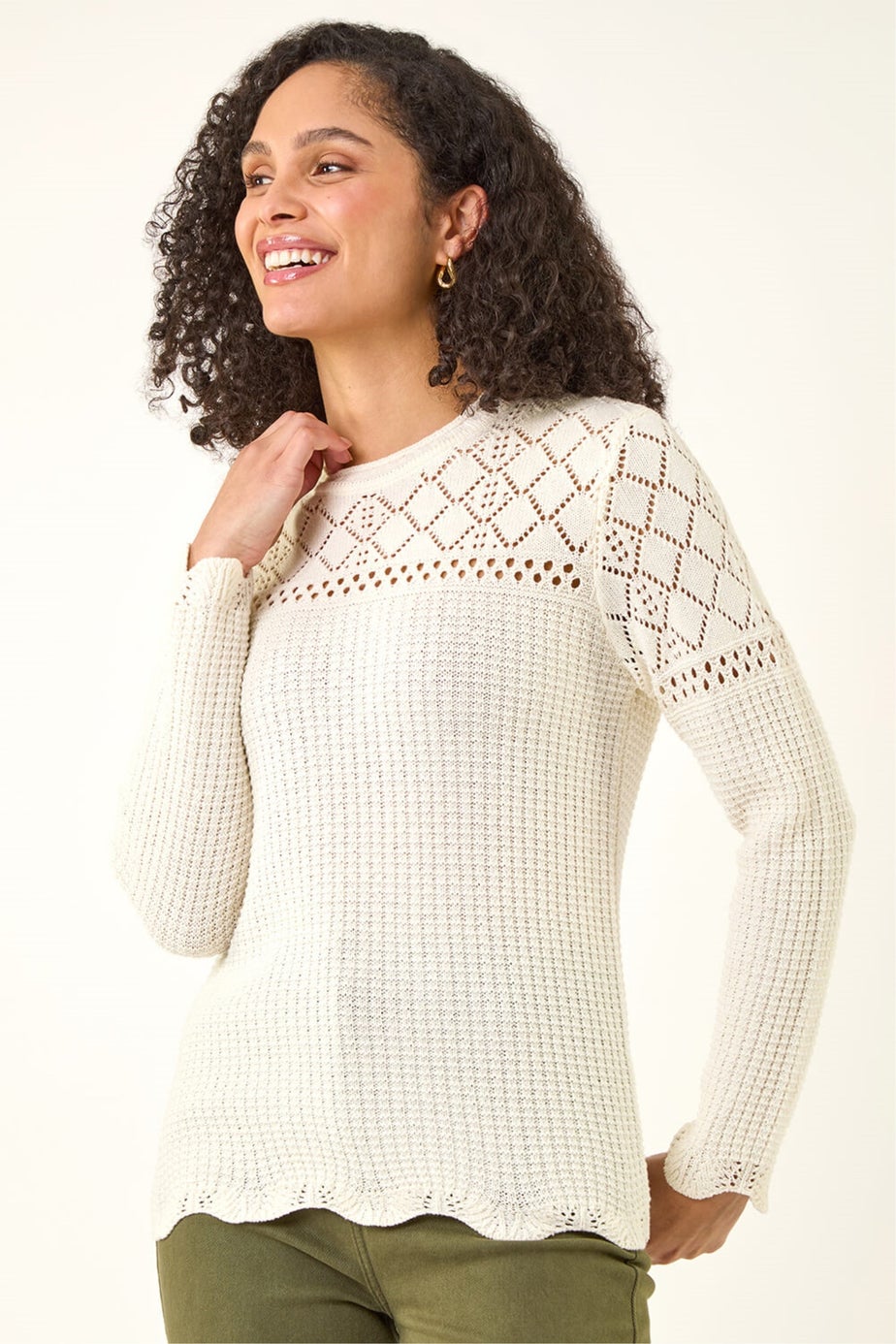 Roman Ivory Textured Wave Hem Knit Jumper