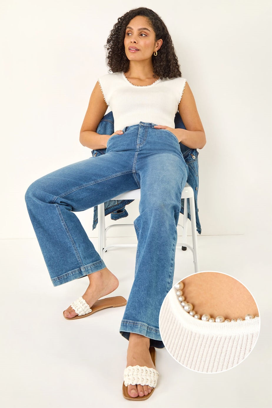 Roman Ivory Faux Pearl Trim Top