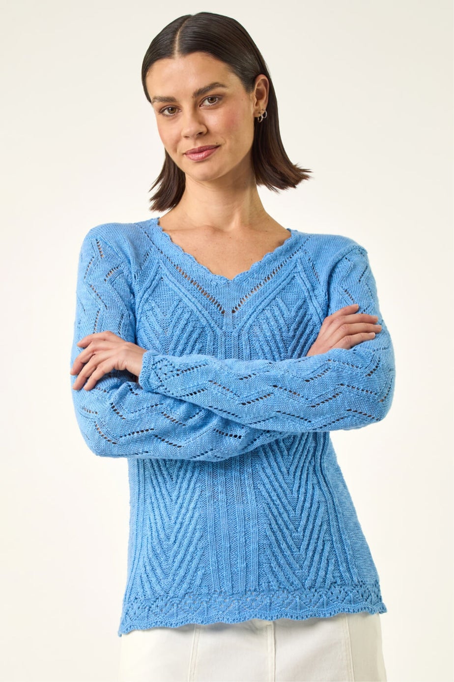 Roman Blue Scallop V-Neck Knit Jumper