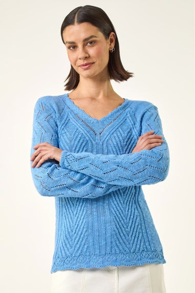 Roman Blue Scallop V-Neck Knit Jumper