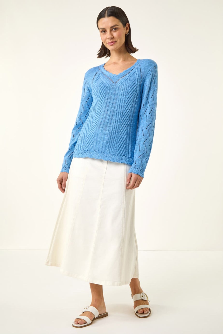 Roman Blue Scallop V-Neck Knit Jumper