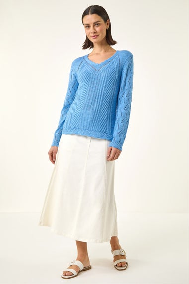 Roman Blue Scallop V-Neck Knit Jumper