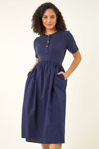 Roman Navy Buttoned Pocket Stretch Midi Dress