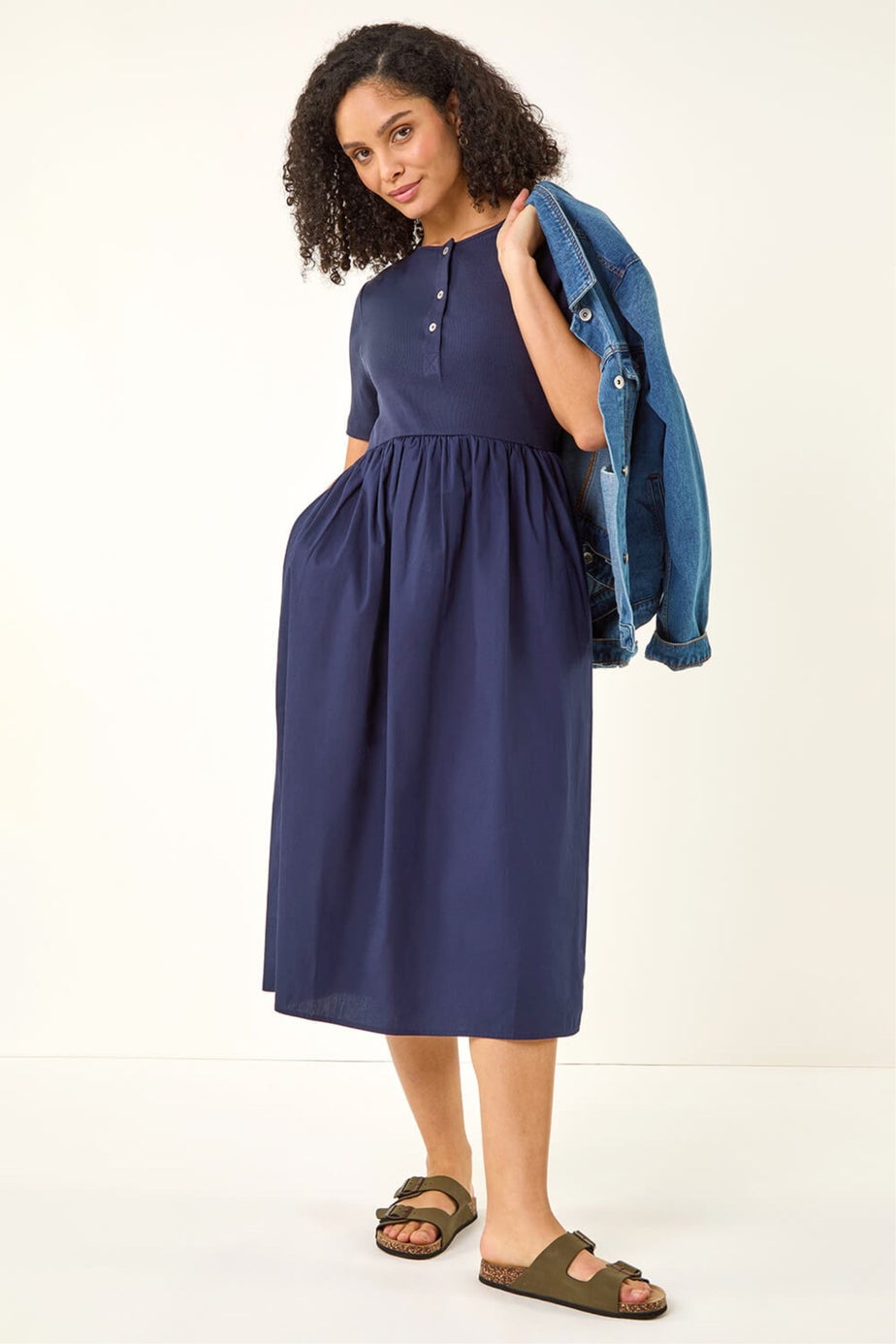 Roman Navy Buttoned Pocket Stretch Midi Dress