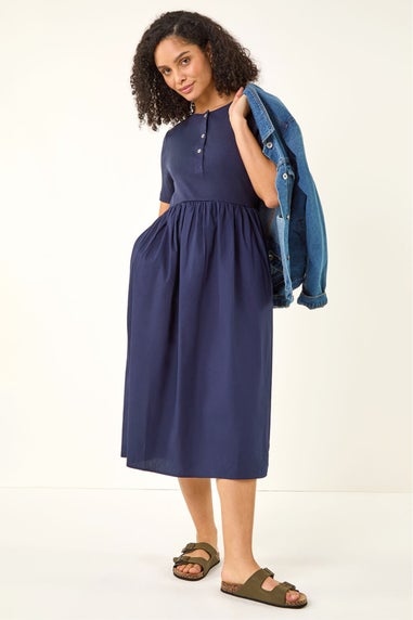 Roman Navy Buttoned Pocket Stretch Midi Dress