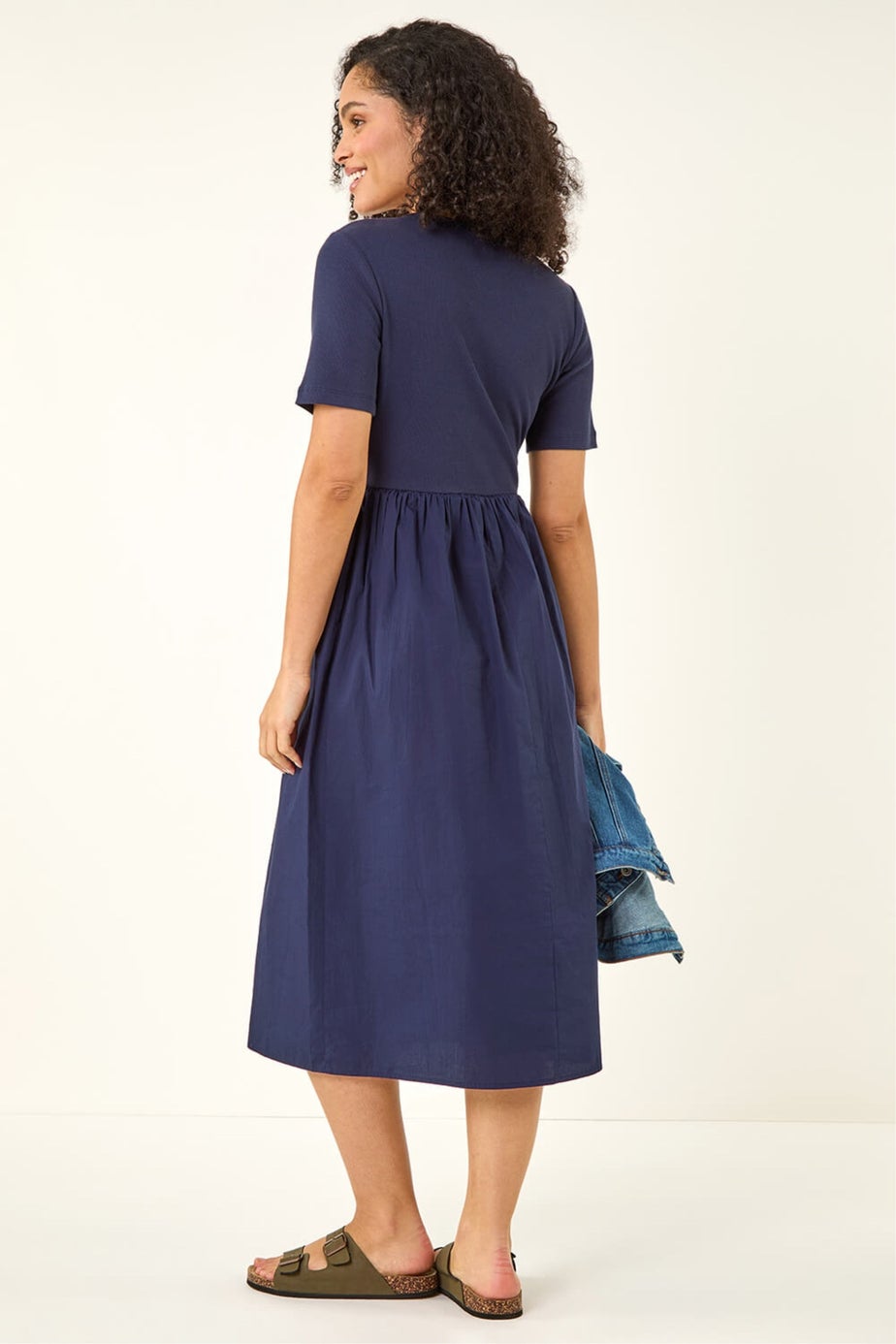 Roman Navy Buttoned Pocket Stretch Midi Dress