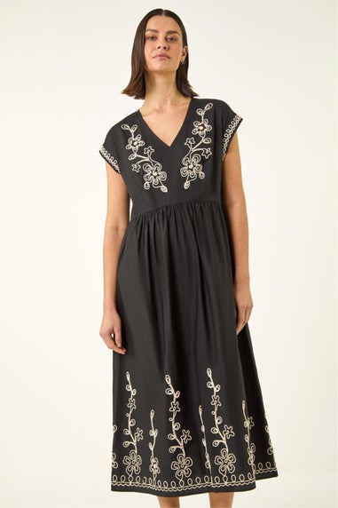 Roman Black Embroidered V-Neck Midi Dress