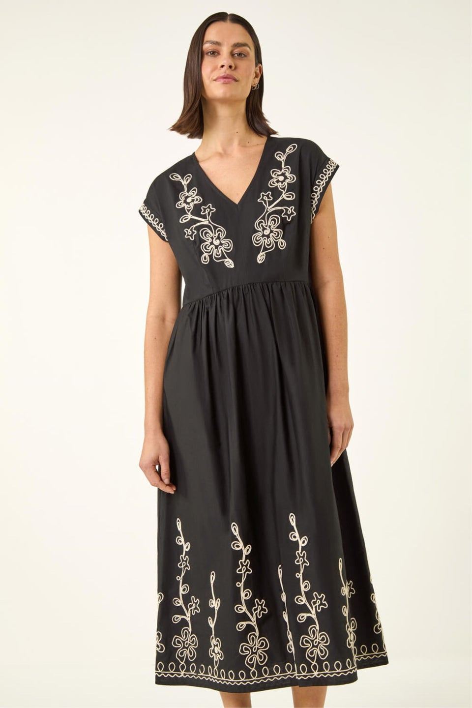 Roman Black Embroidered V-Neck Midi Dress