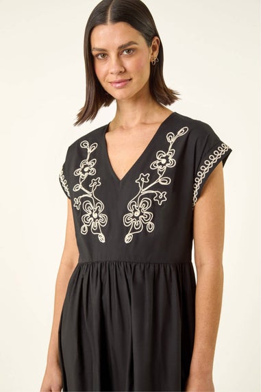 Roman Black Embroidered V-Neck Midi Dress