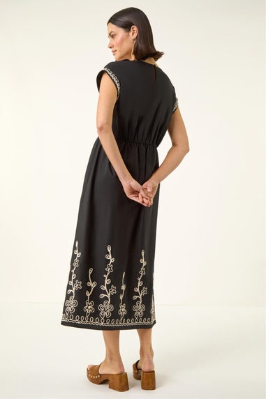 Roman Black Embroidered V-Neck Midi Dress