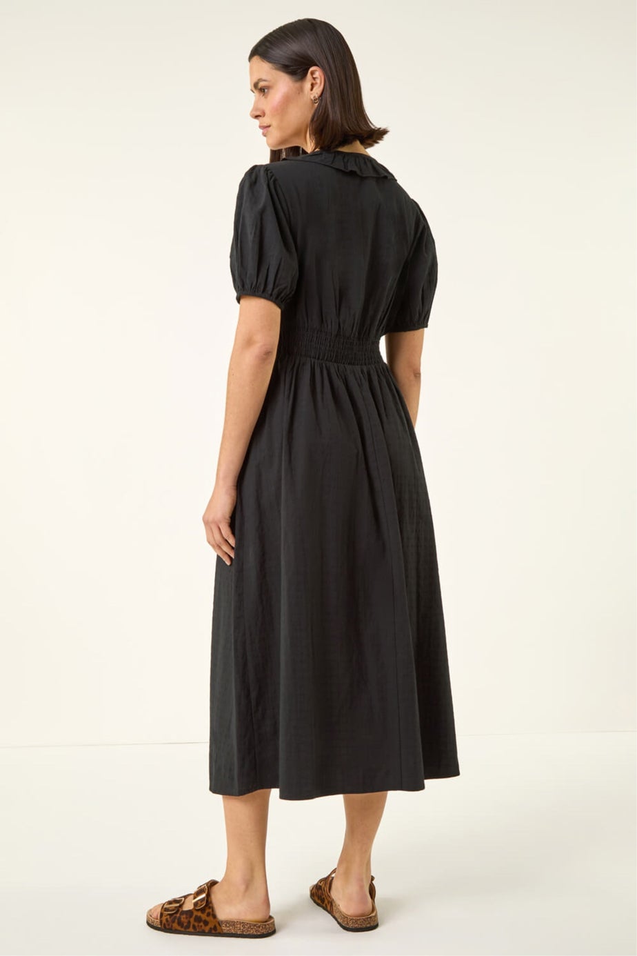 Roman Black Textured Frill Midi Dress