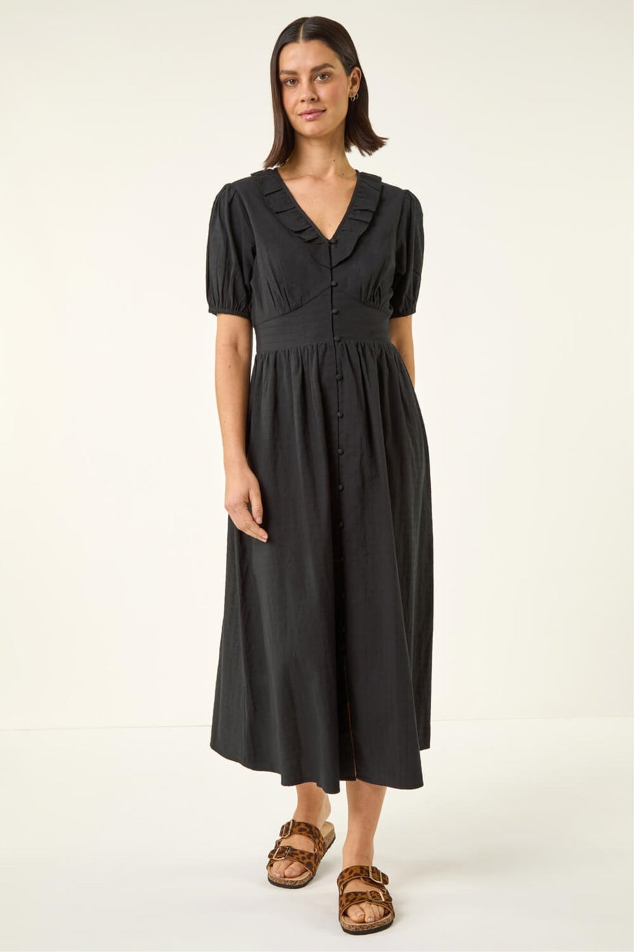 Roman Black Textured Frill Midi Dress