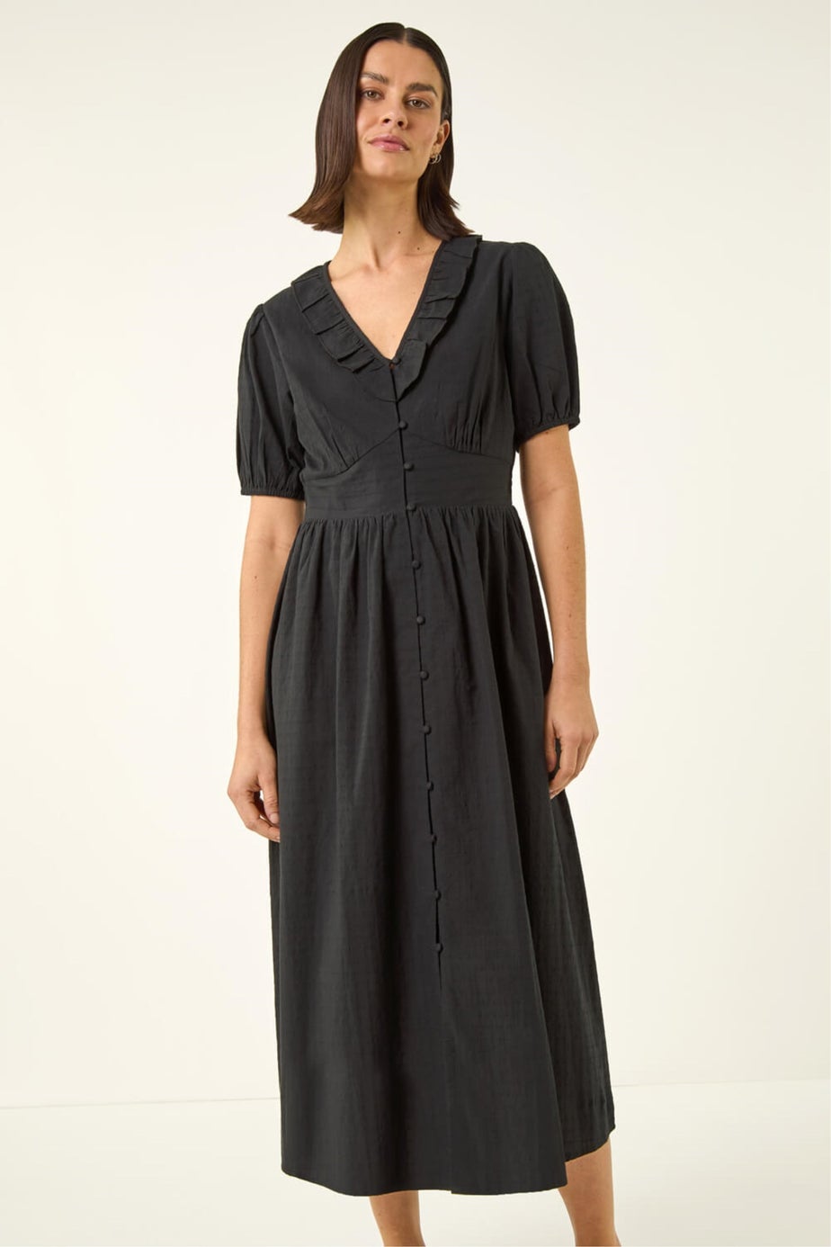 Roman Black Textured Frill Midi Dress