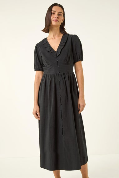 Roman Black Textured Frill Midi Dress