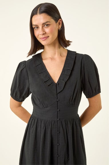 Roman Black Textured Frill Midi Dress