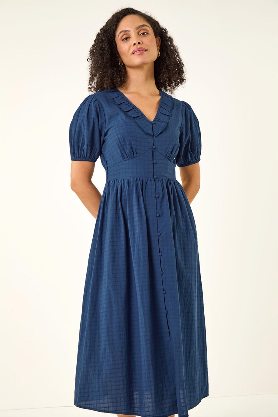 Roman Navy Textured Frill Midi Dress