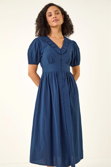 Roman Navy Textured Frill Midi Dress