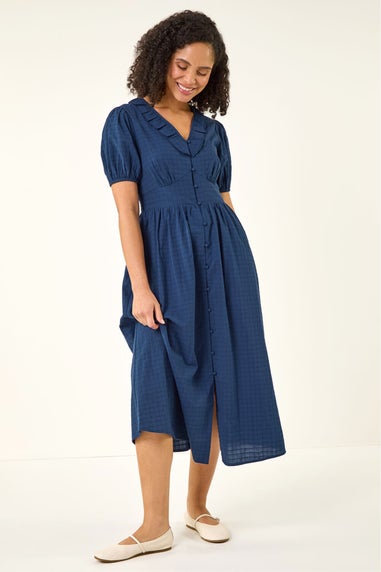 Roman Navy Textured Frill Midi Dress