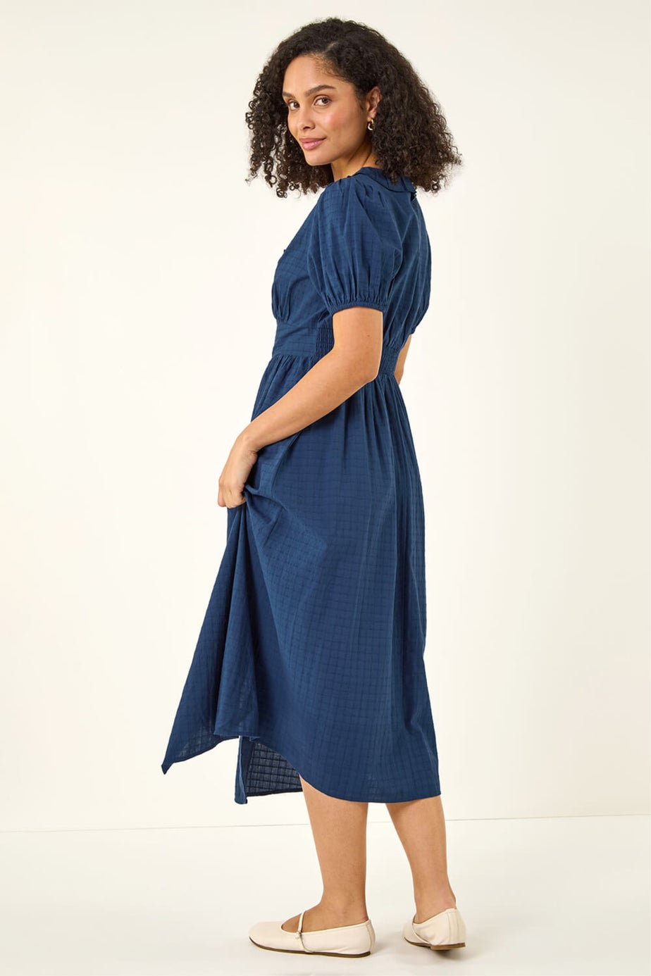 Roman Navy Textured Frill Midi Dress