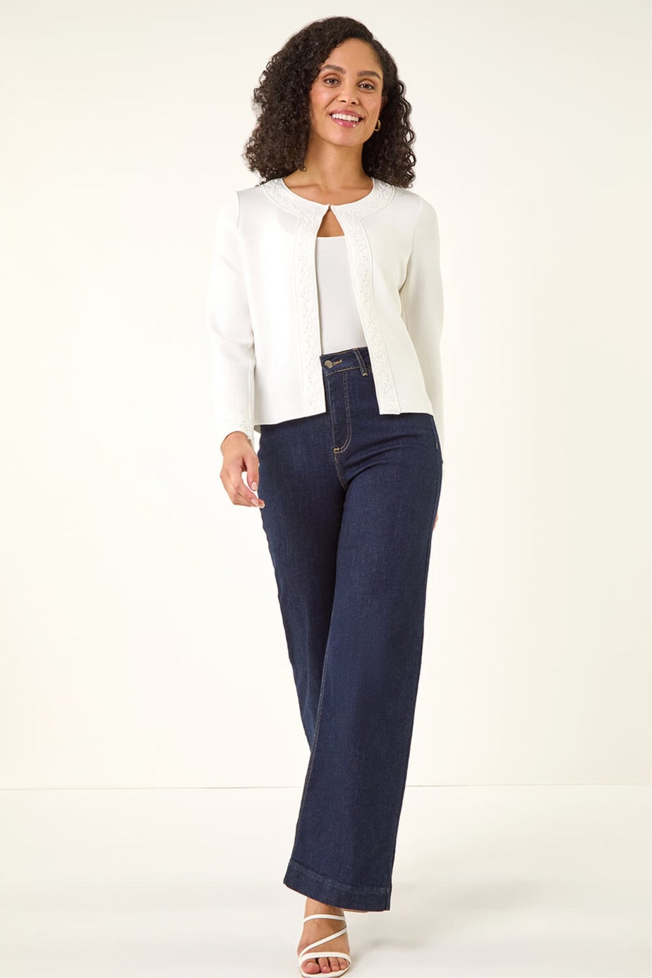 Roman Ivory Beaded Trim Open Jacket