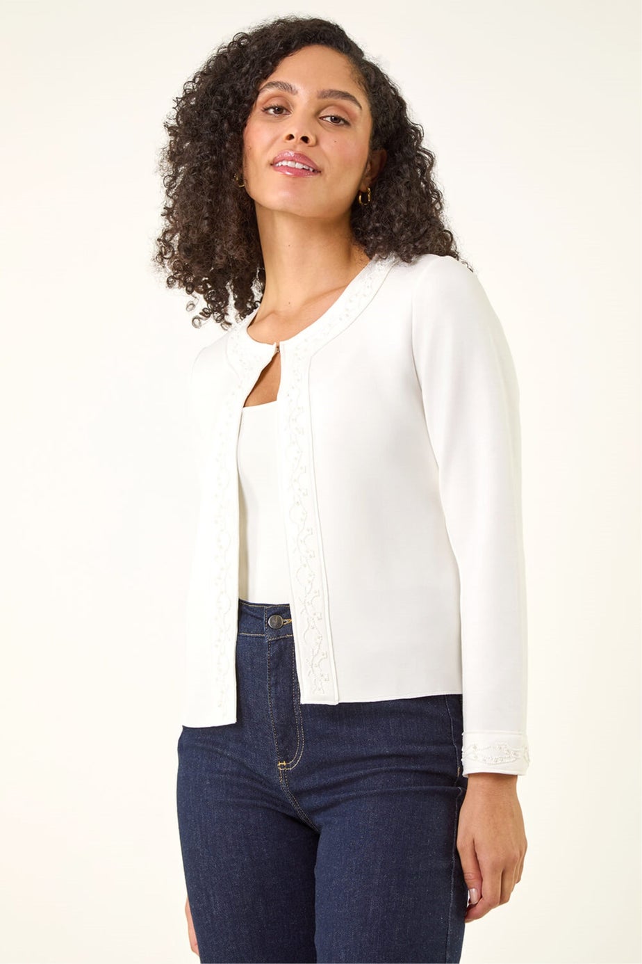 Roman Ivory Beaded Trim Open Jacket