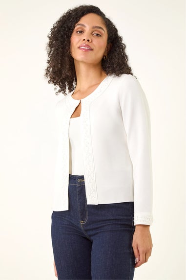 Roman Ivory Beaded Trim Open Jacket