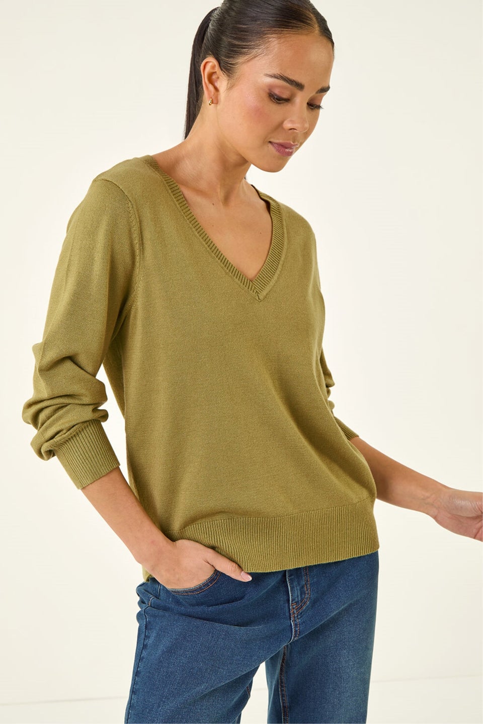 Roman Sage Petite V-Neck Knit Jumper
