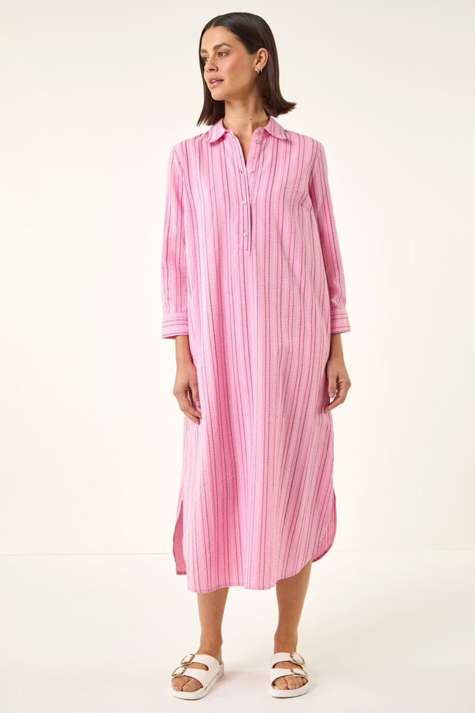 Roman Pink Textured Stripe Shirt Dress