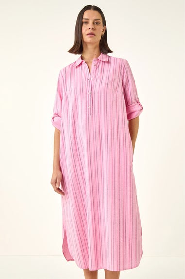 Roman Pink Textured Stripe Shirt Dress
