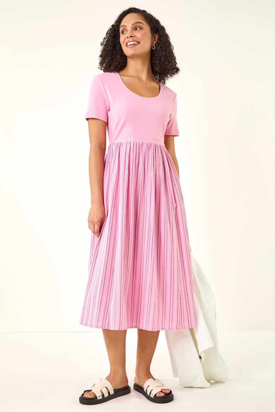 Roman Pink Textured Stripe Midi Dress