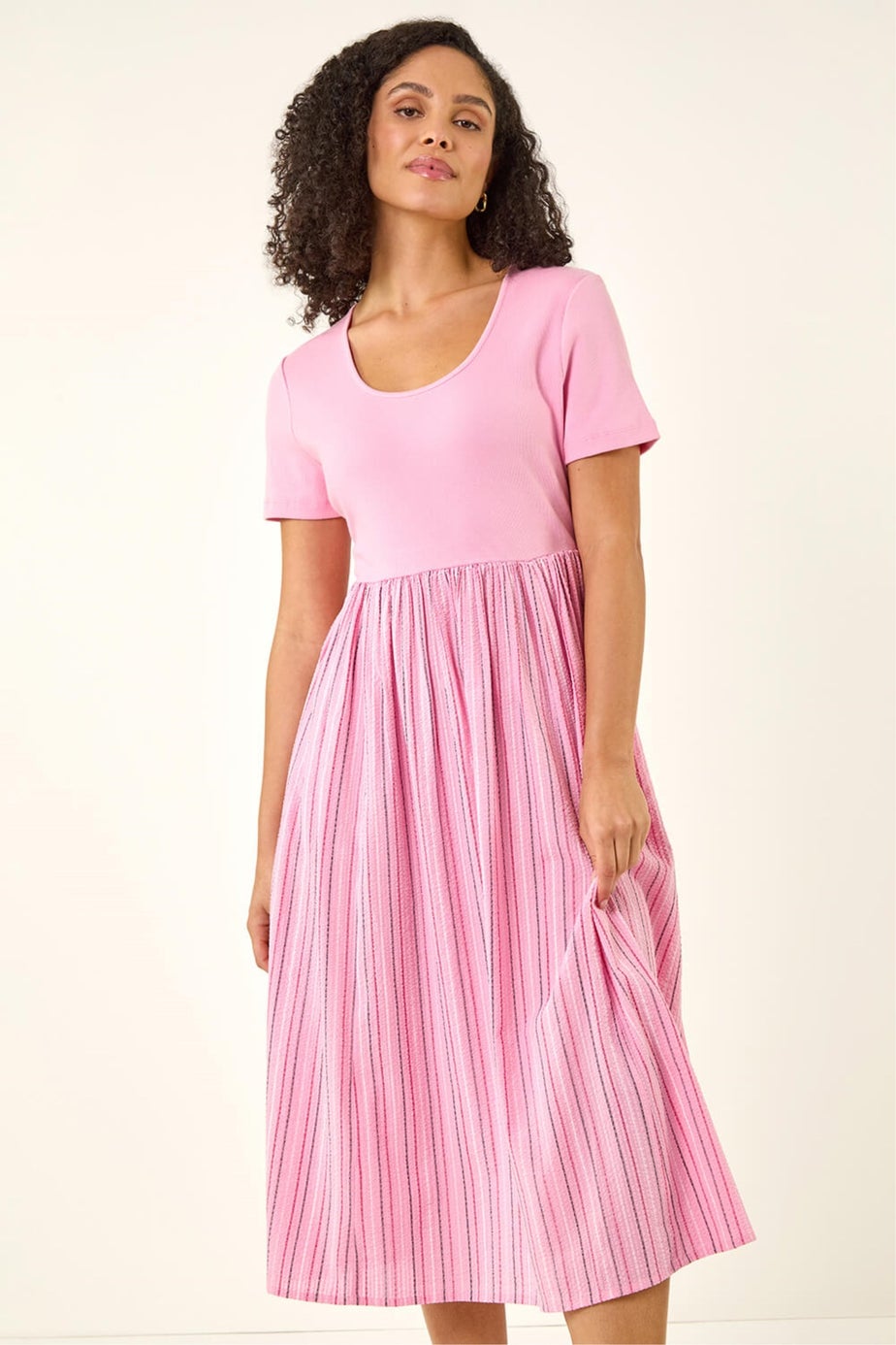 Roman Pink Textured Stripe Midi Dress