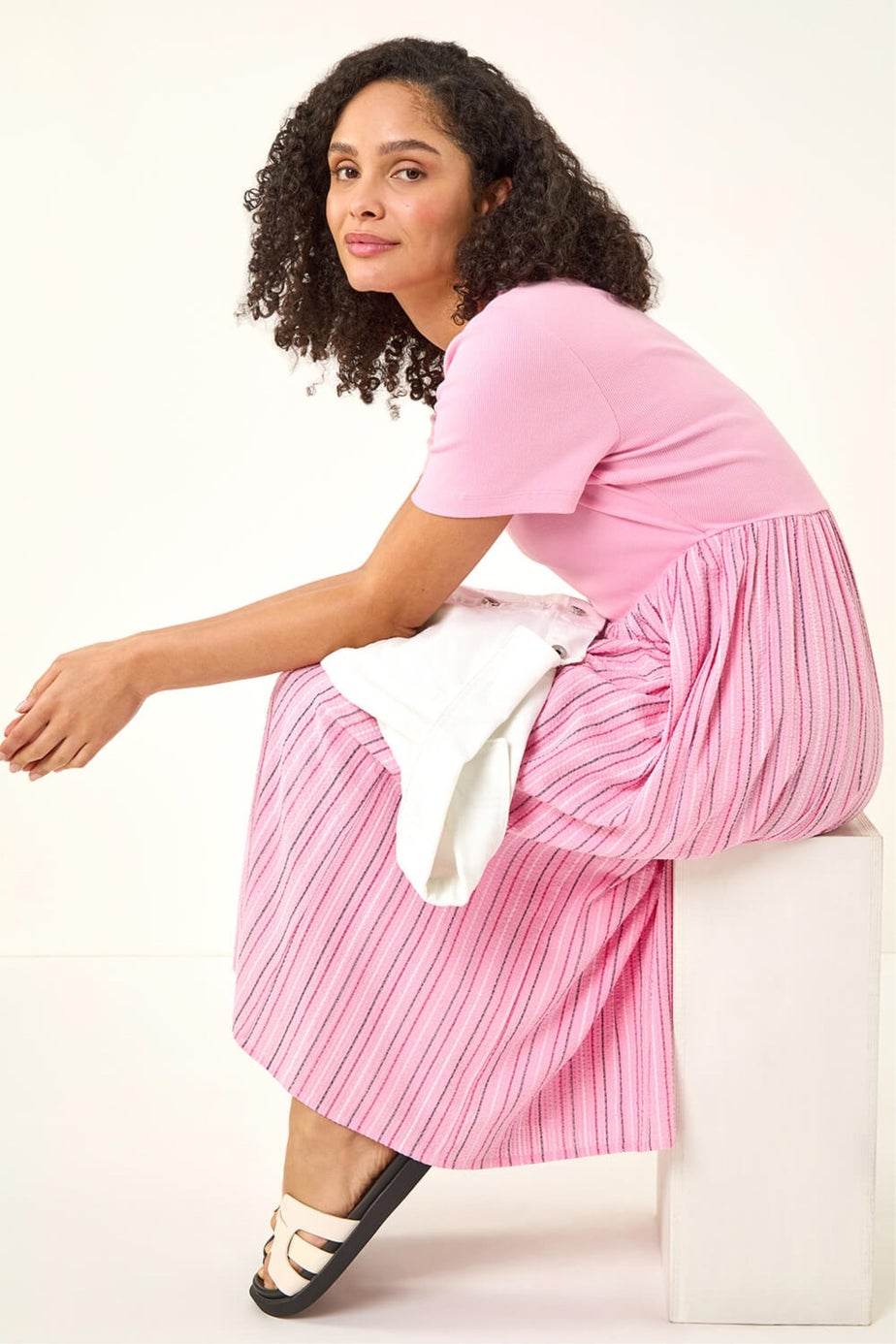 Roman Pink Textured Stripe Midi Dress