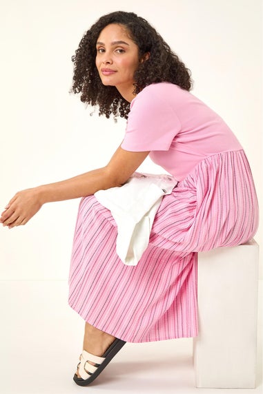 Roman Pink Textured Stripe Midi Dress