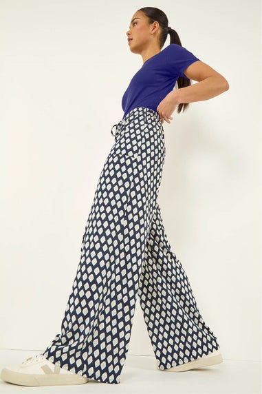 Roman Navy Petite Geo Print Wide Leg Stretch Trouser
