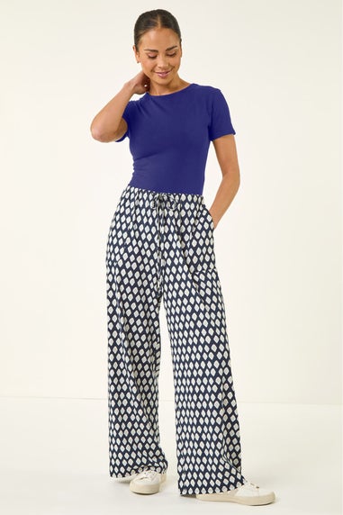 Roman Navy Petite Geo Print Wide Leg Stretch Trouser