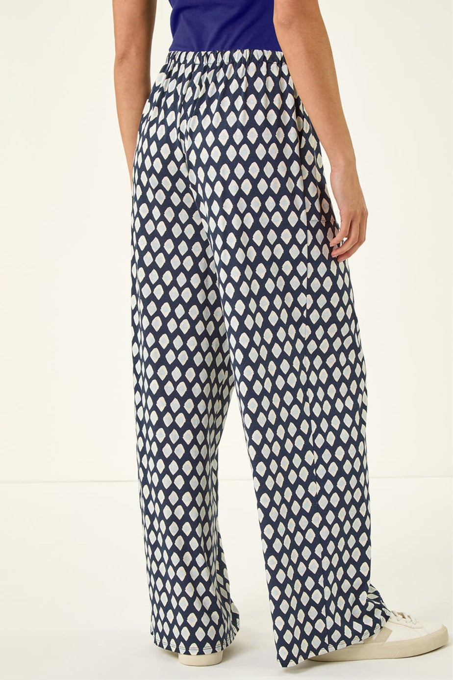 Roman Navy Petite Geo Print Wide Leg Stretch Trouser