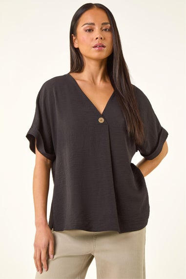 Roman Black Petite One Buttoned V-Neck Top