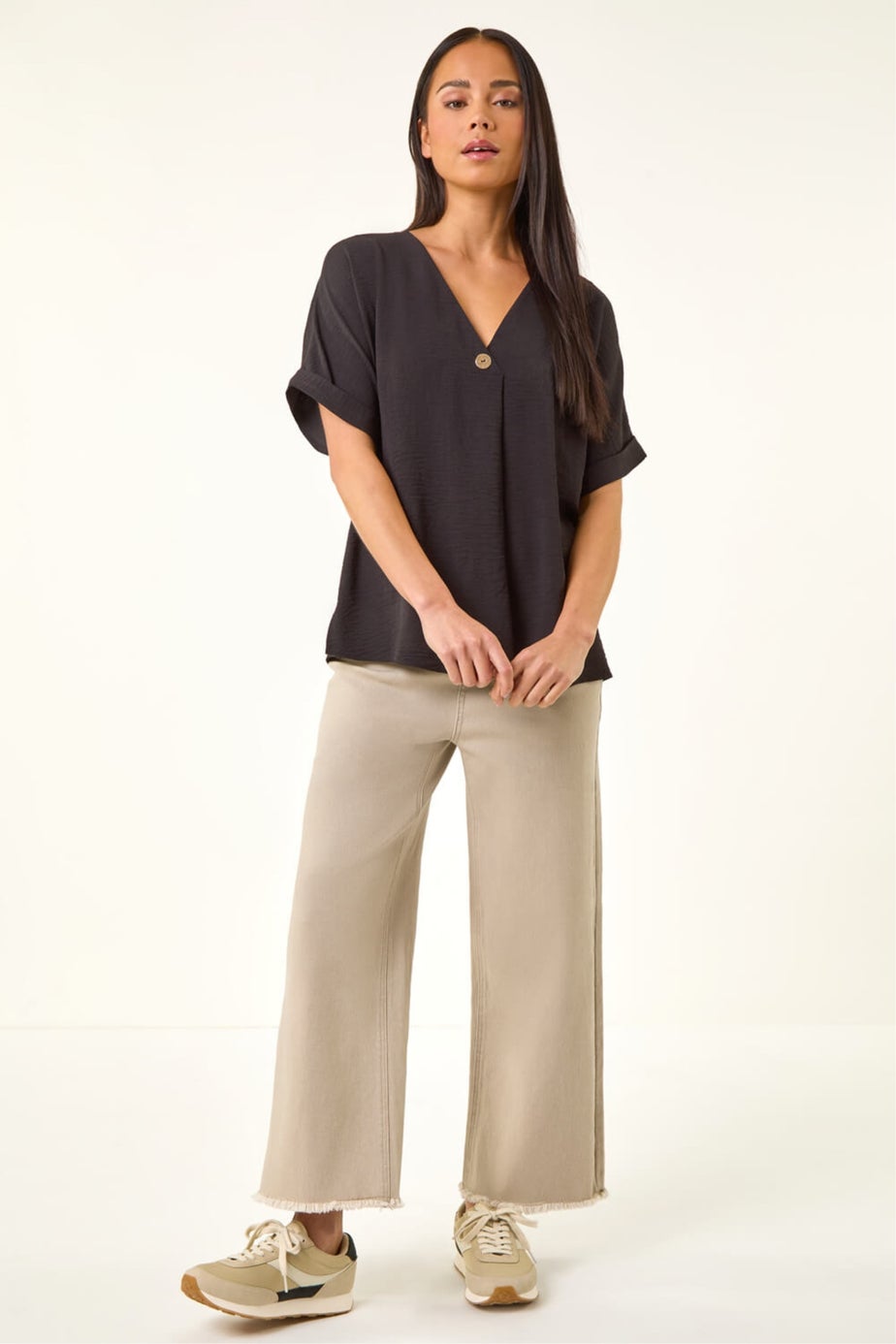 Roman Black Petite One Buttoned V-Neck Top