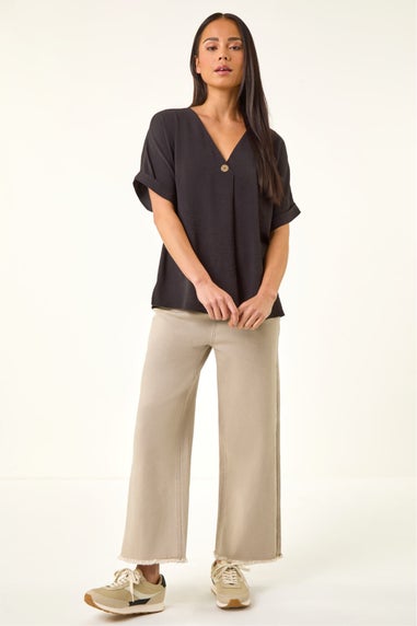 Roman Black Petite One Buttoned V-Neck Top