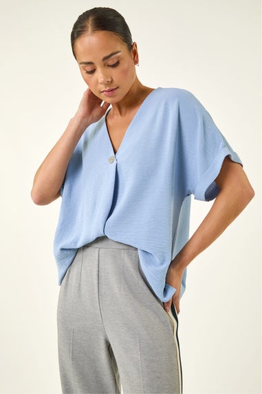 Roman Light Blue Petite One Buttoned V-Neck Top