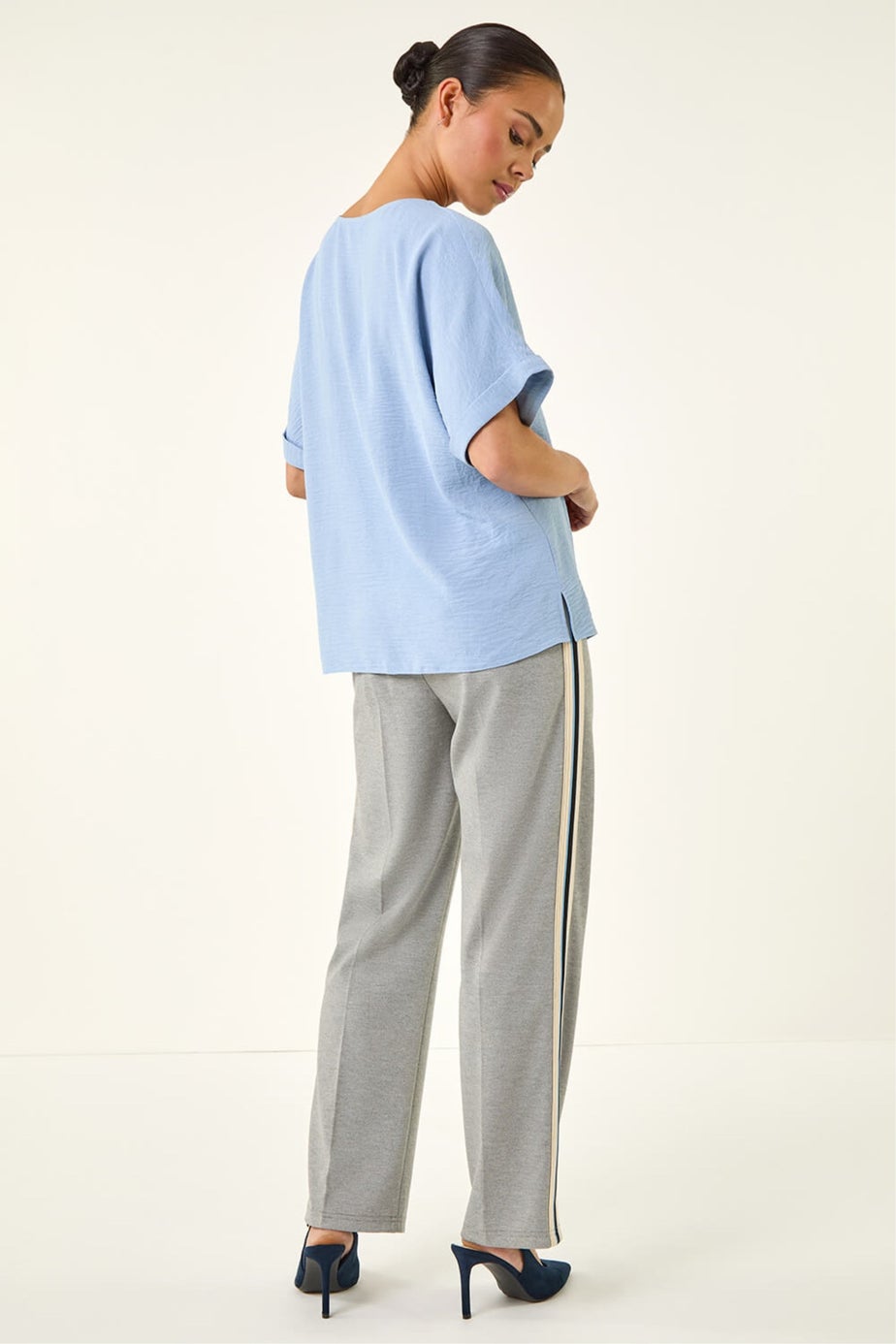 Roman Light Blue Petite One Buttoned V-Neck Top