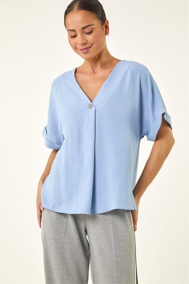 Roman Light Blue Petite One Buttoned V-Neck Top