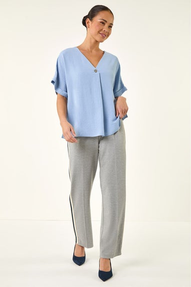 Roman Light Blue Petite One Buttoned V-Neck Top