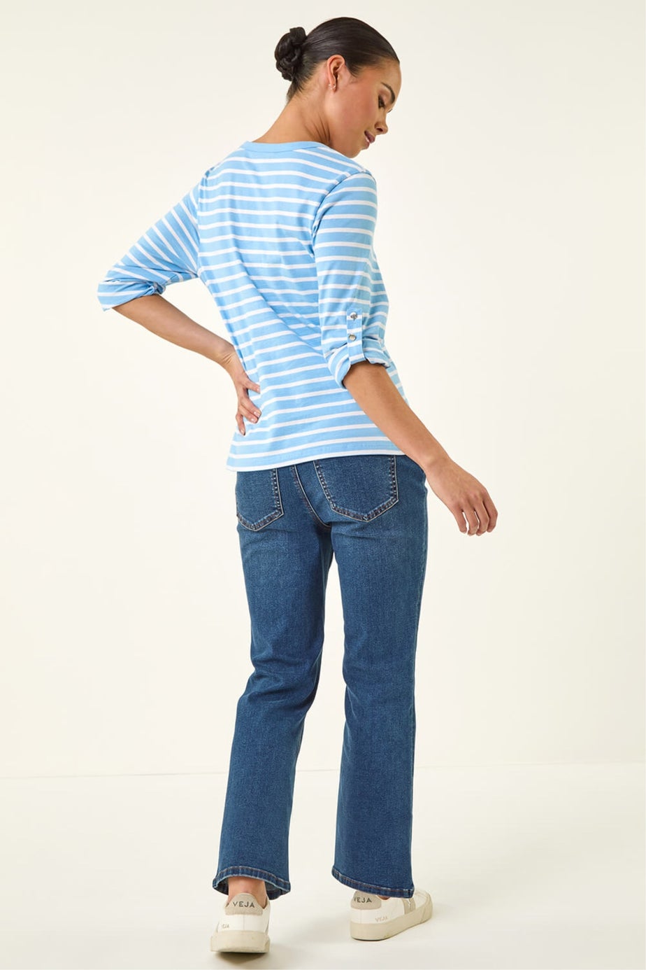 Roman Blue Petite Stripe V-Neck Button Top