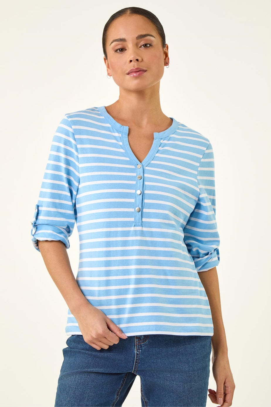 Roman Blue Petite Stripe V-Neck Button Top